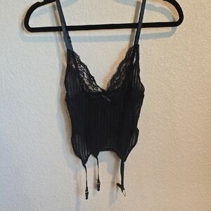 Black Lace Sheer Striped Garter Cami Top with Adjustable Straps